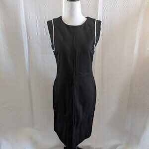 LUNA Black Sheath Dress Gold zip back white trim Stretch Size Large Office